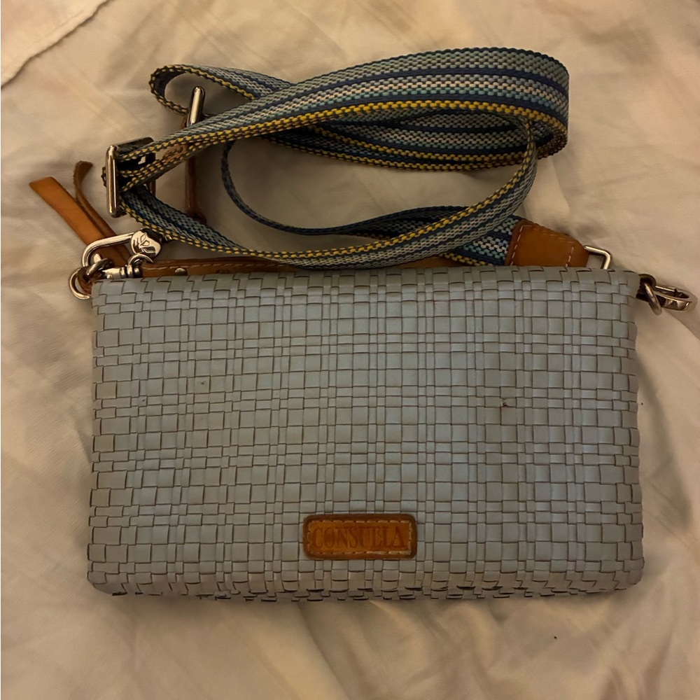 Consuela Light Blue Woven Crossbody Bag